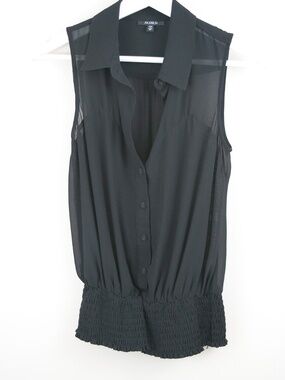 XOXO Sleeveless Sheer Band Bottom Blouse with Collar & Lace Lining Black Size XS